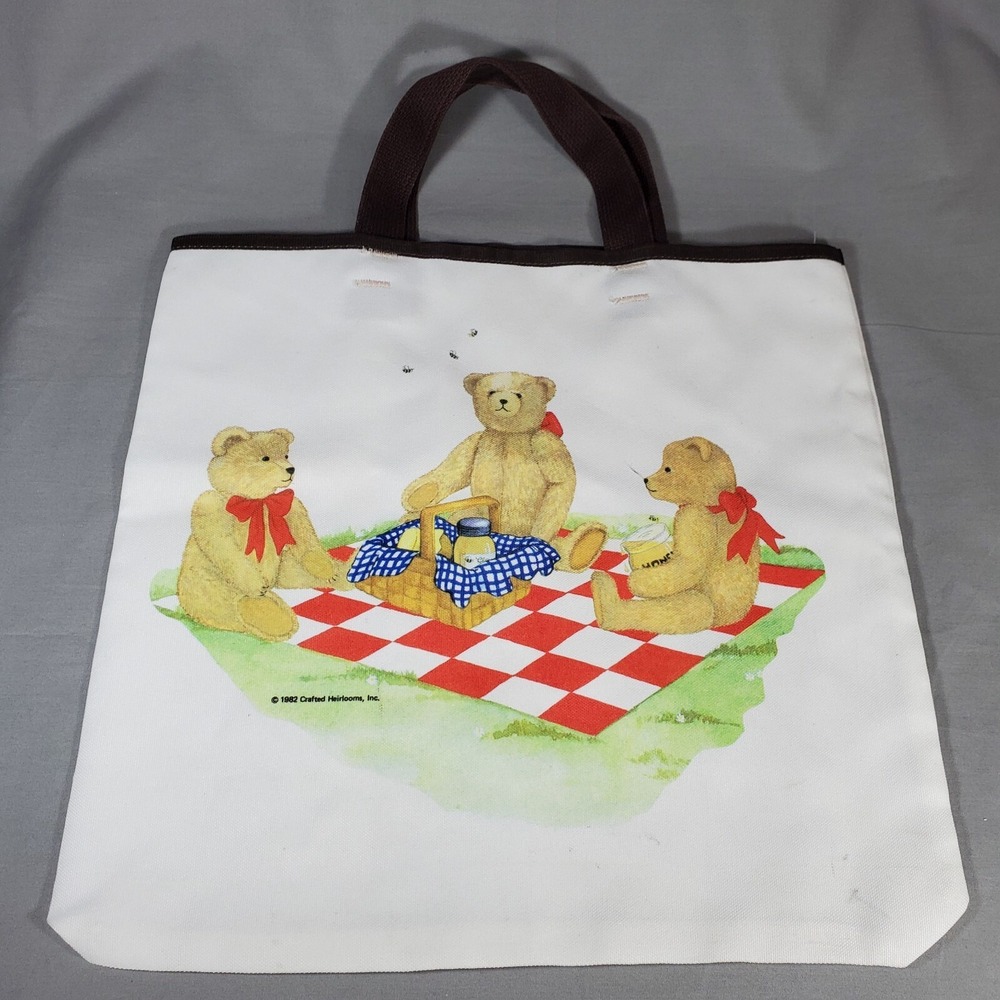 Vintage Tote Bag Teddy Bear Picnic American Artists Guild 1982 Crafted Heirlooms